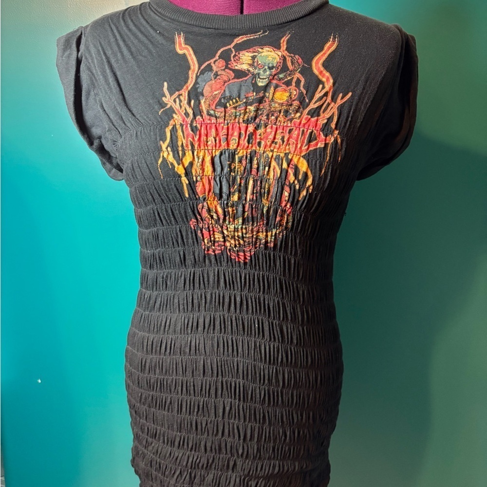 Urban Outfitters Tatum Smocked Black Mini Dress with Vibrant Graphic